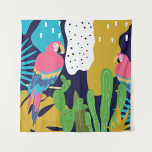 Tropical leaves, parrots: summer background. tapestry
