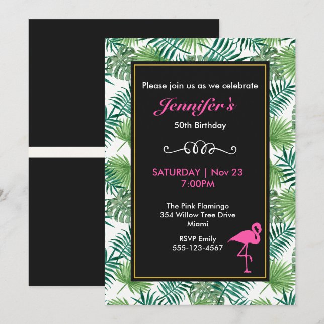 Tropical Leaves Pattern and Pink Flamingo Birthday Invitation (Front/Back)