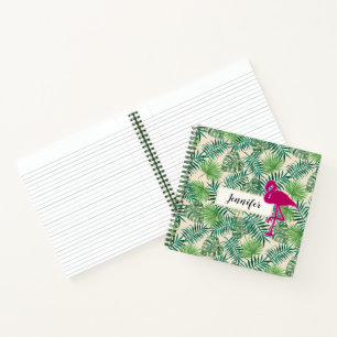 Tropical Leaves Pattern and Pink Flamingo Custom Notebook