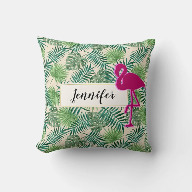 Tropical Leaves Pattern and Pink Flamingo Custom Throw Pillow (Front)