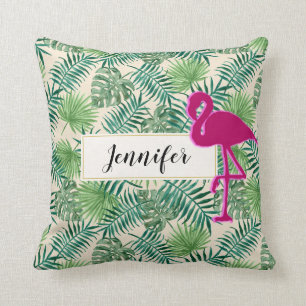 Tropical Leaves Pattern and Pink Flamingo Custom Throw Pillow