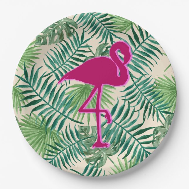 Tropical Leaves Pattern and Pink Flamingo Paper Plate (Front)