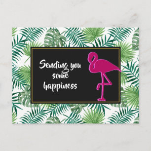 Tropical Leaves Pattern and Pink Flamingo Postcard