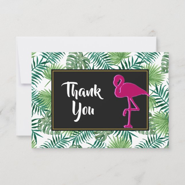 Tropical Leaves Pattern and Pink Flamingo Thanks Invitation (Front)