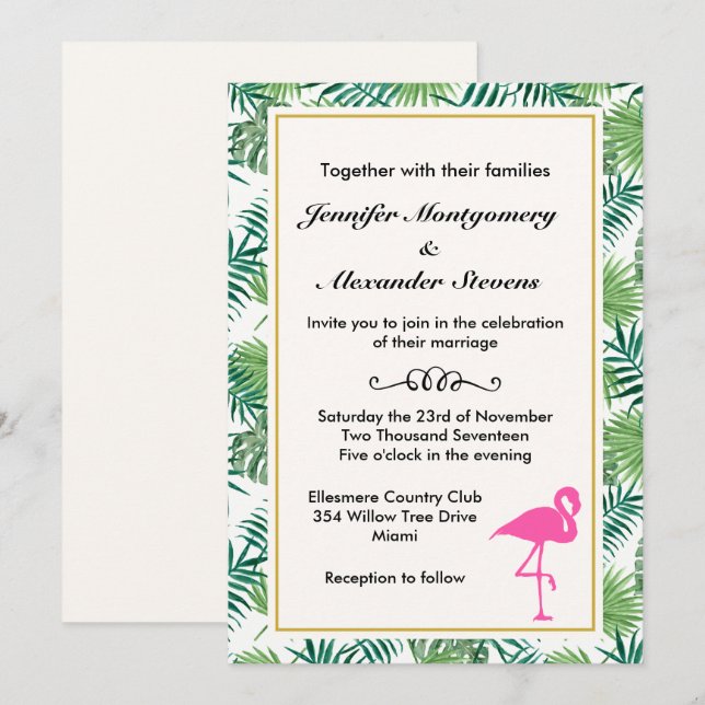 Tropical Leaves Pattern and Pink Flamingo Wedding Invitation (Front/Back)