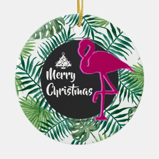 Tropical Leaves Pattern and Pink Flamingo Xmas Ceramic Ornament (Front)
