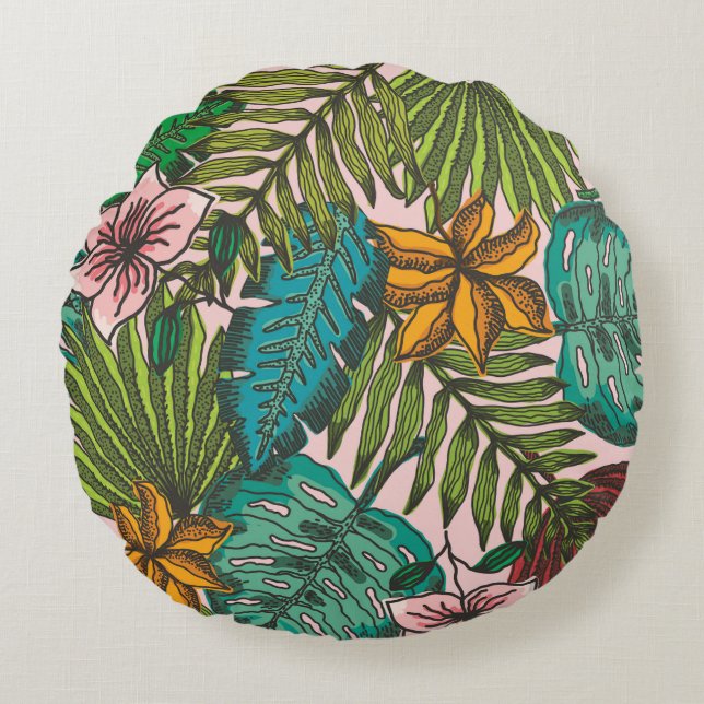 Tropical Leaves Pattern - Boho Floral Decor Round Pillow (Front)