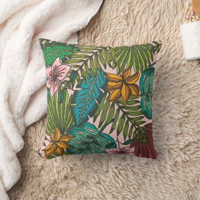 Tropical Leaves Pattern - Boho Floral Decor Throw Pillow (Blanket)