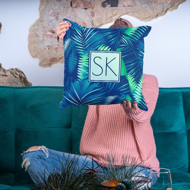 Tropical Leaves Pattern Custom Initial Modern Throw Pillow (Creator Uploaded)
