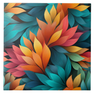 Tropical Leaves Pattern, Dark Orange and Cyan Tile