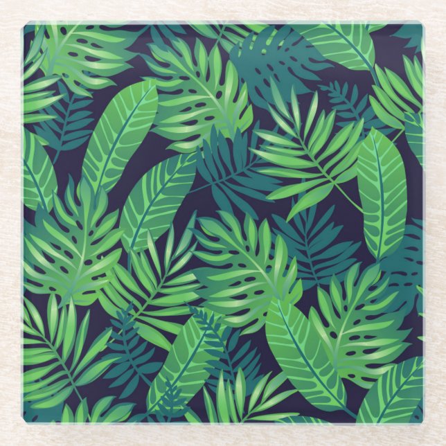 Tropical Leaves Pattern Glass Coaster (Front)