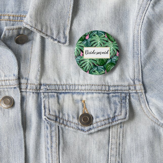 Tropical Leaves Pattern - Green Foliage Bridemaid 2 Inch Round Button (In Situ)