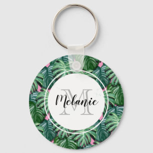 Tropical Leaves Pattern - Green Foliage Monogram Keychain