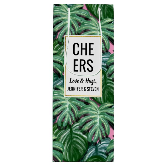 Tropical Leaves Pattern - Green Foliage Wine Gift Bag (Front)