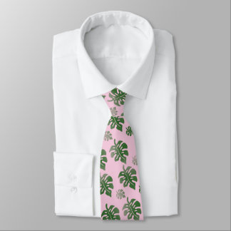 Tropical Leaves Pattern Green on Pink  Tie