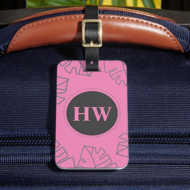 Tropical Leaves Pattern Pink & Grey Monogram Luggage Tag (Front Insitu 2)