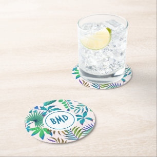 Tropical leaves pattern round paper coaster