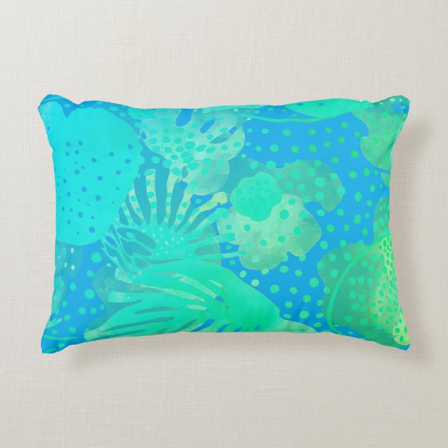 Tropical Leaves Pattern Turquoise Blue Accent Pillow (Front)