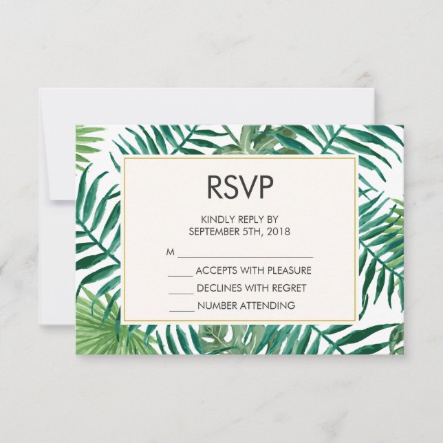 Tropical Leaves Pattern  Wedding RSVP Card (Front)