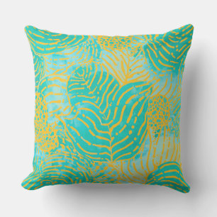 Tropical Leaves Pattern Yellow green turquoise Outdoor Pillow