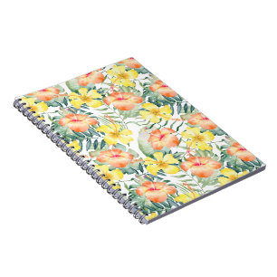 Tropical Leaves Peach Yellow Hibiscus Floral Notebook