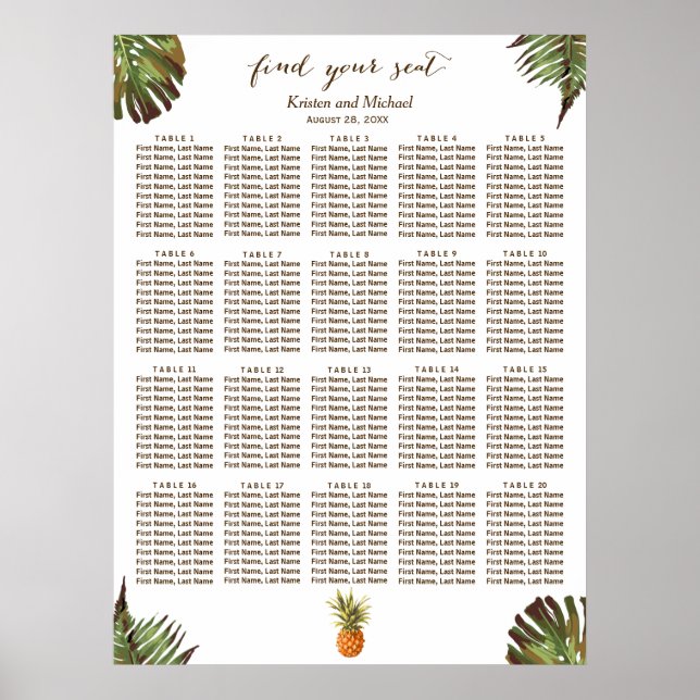 Tropical Leaves Pineapple 20 Tables Seating Chart (Front)