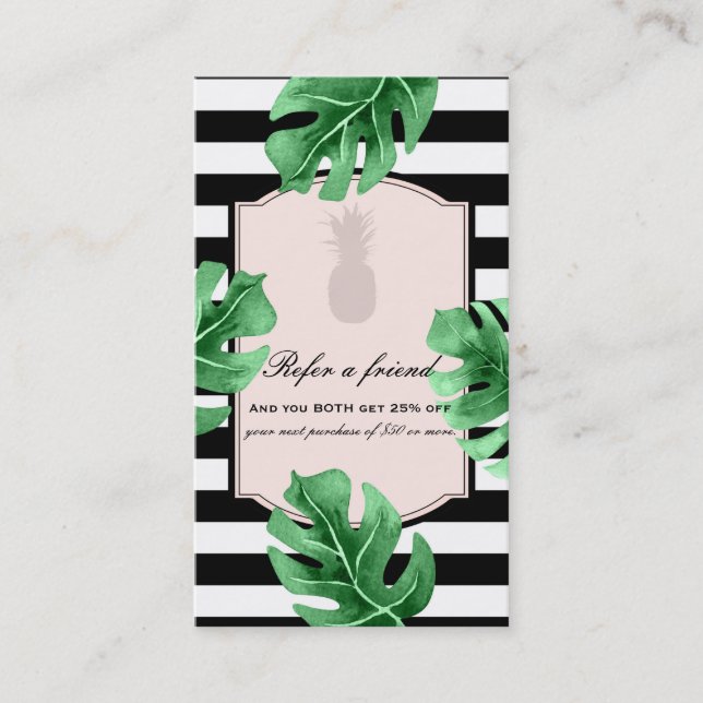 Tropical Leaves & Pineapple Elegant Refer a Friend Referral Card (Front)