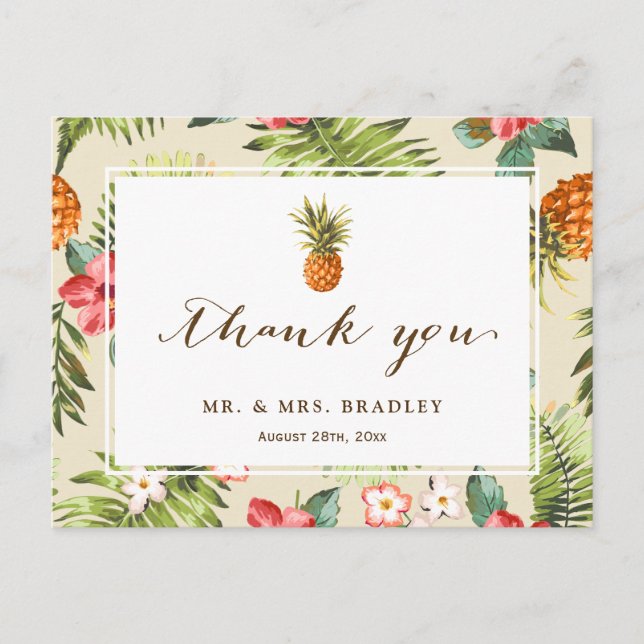 Tropical Leaves Pineapple Hand Script Thank You Postcard (Front)