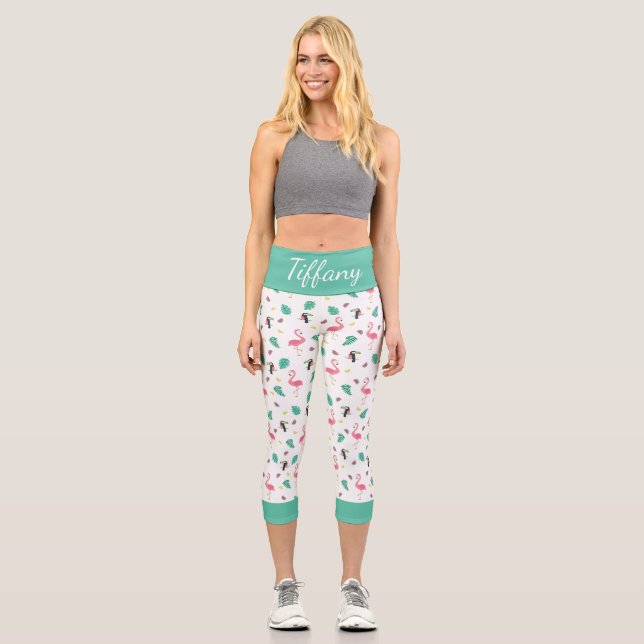 Tropical leaves pink flamingo colourful toucan capri leggings (Front)