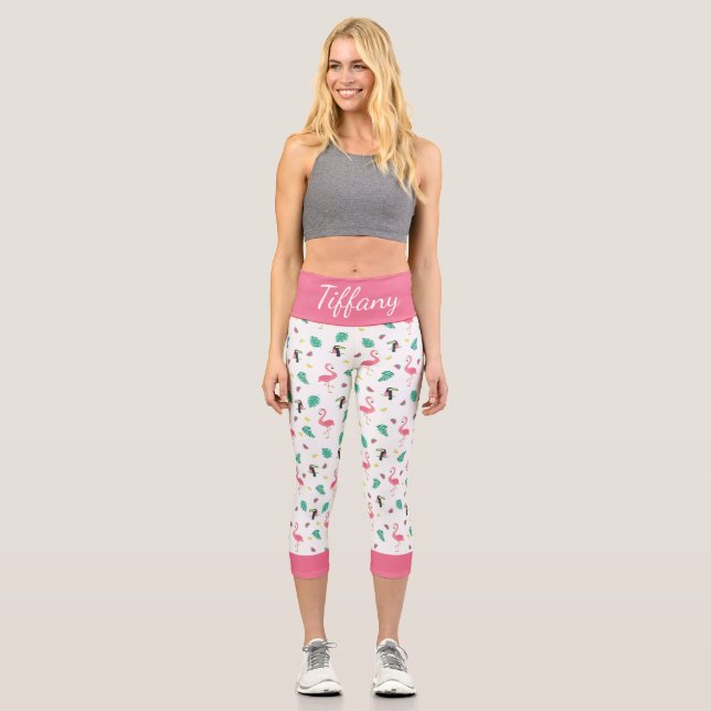 Tropical leaves pink flamingo colourful toucan capri leggings (Front)