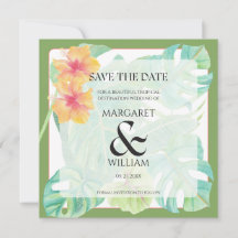 Tropical leaves & pink Flamingo Save The Date card