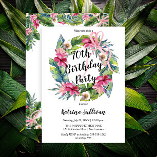 Tropical Leaves   Pink Floral 70th Birthday Party Invitation