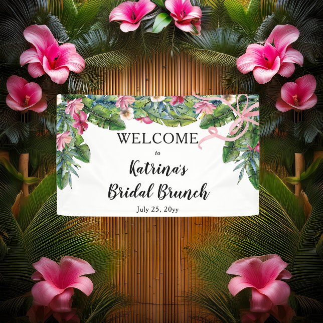 Tropical Leaves | Pink Floral Bridal Brunch Banner (Boho Tropical Hibiscus and Greenery with Pink Coquette Bow Bridal Brunch "Welcome" Banner)