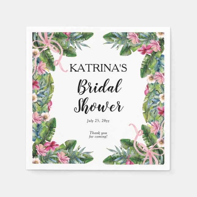 Tropical Leaves | Pink Floral Bridal Shower Napkin (Front)