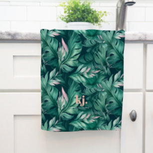 Tropical Leaves Pink & Green Monogram Tea Towel