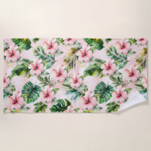 Tropical Leaves Pink Hibiscus Floral