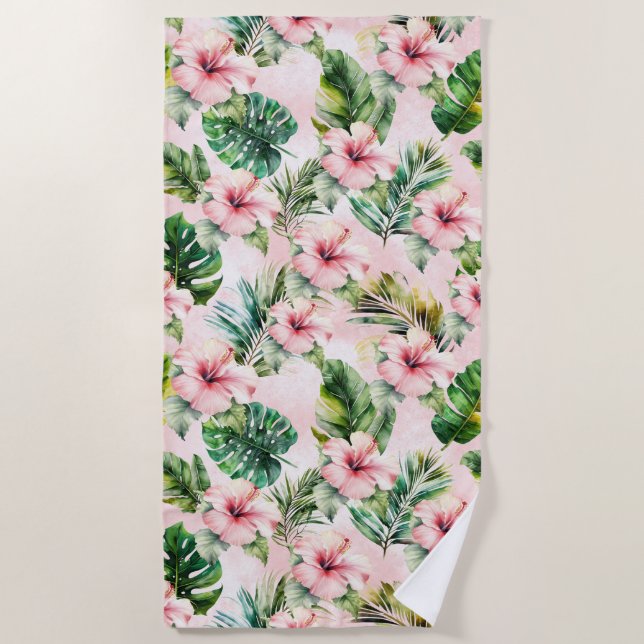 Tropical Leaves Pink Hibiscus Floral Beach Towel (Front)