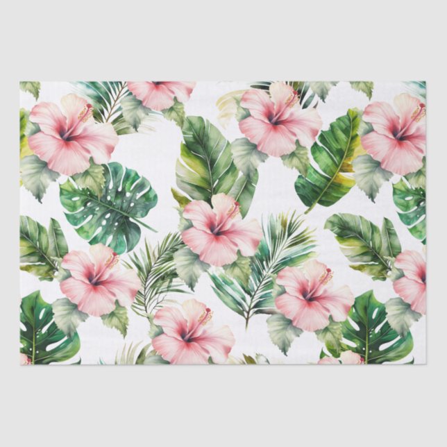 Tropical Leaves Pink Hibiscus Flowers Tissue Paper (Front)