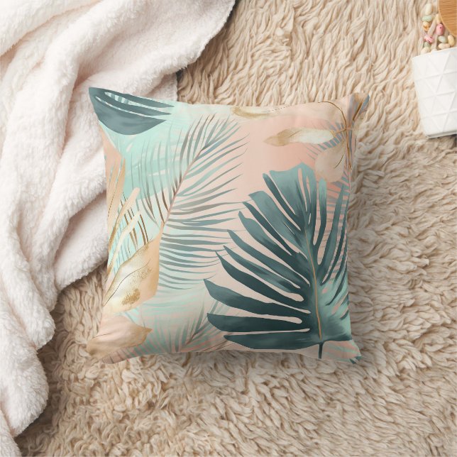 Tropical Leaves Pink Mint Green Gold Modern Throw Pillow (Blanket)
