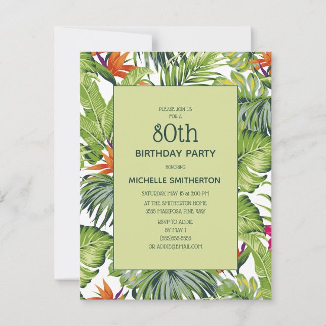 Tropical Leaves Pink Orange Floral 80th Birthday Invitation (Front)