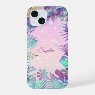 Tropical Leaves, Pink Sky White Stars, Script Name iPhone 15 Case