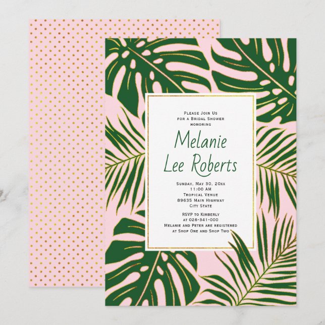 Tropical leaves pink wedding bridal shower invitation (Front/Back)