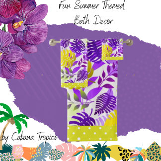 Tropical Leaves Purple, Mauve, Lemon, Lime Trim Bath Towel Set