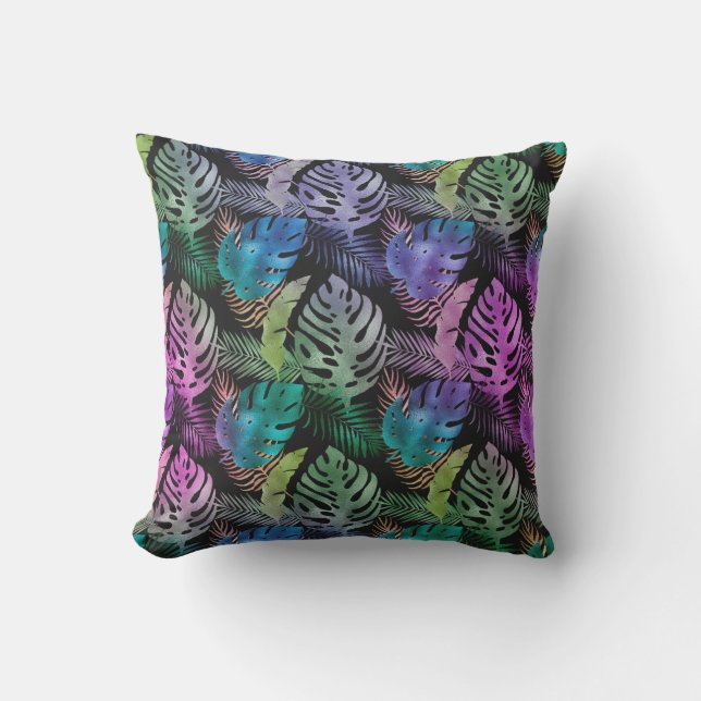 Tropical Leaves Purple Teal Black Iridescent  Outdoor Pillow (Front)