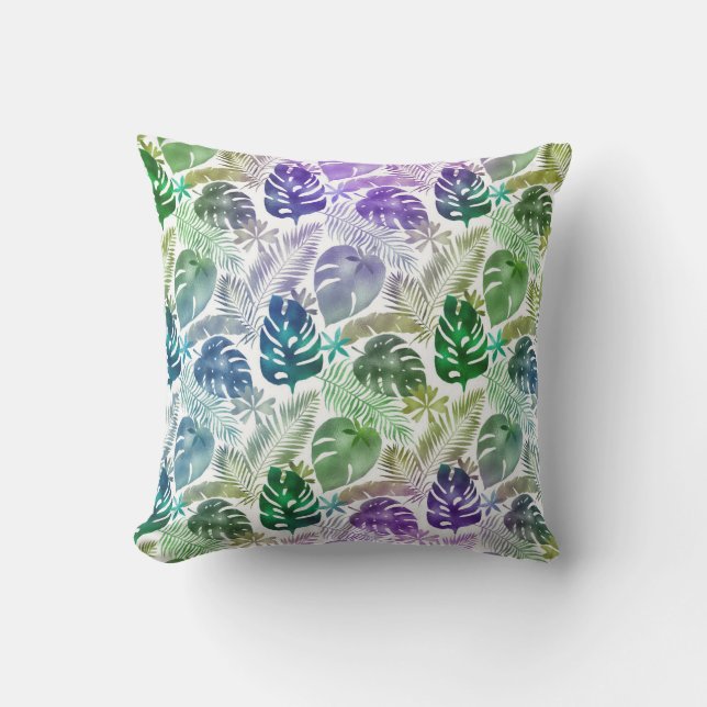 Tropical Leaves Purple Teal Green White  Outdoor Pillow (Front)