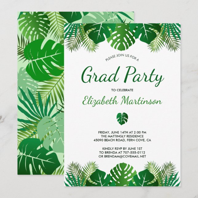 Tropical Leaves Rainforest Modern Graduation Party Invitation (Front/Back)