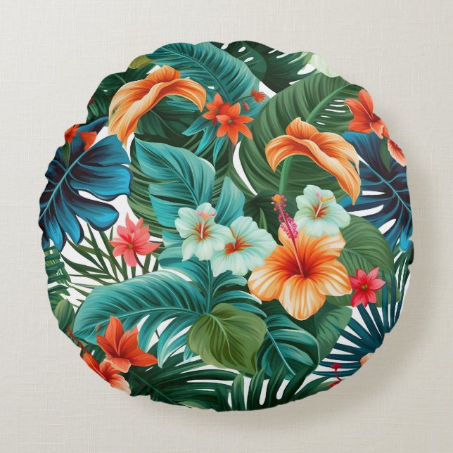 Tropical leaves round pillow (Front)