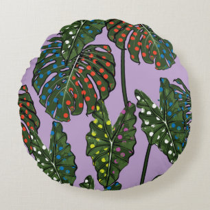 Tropical leaves seamless pattern on colourful pop  round pillow