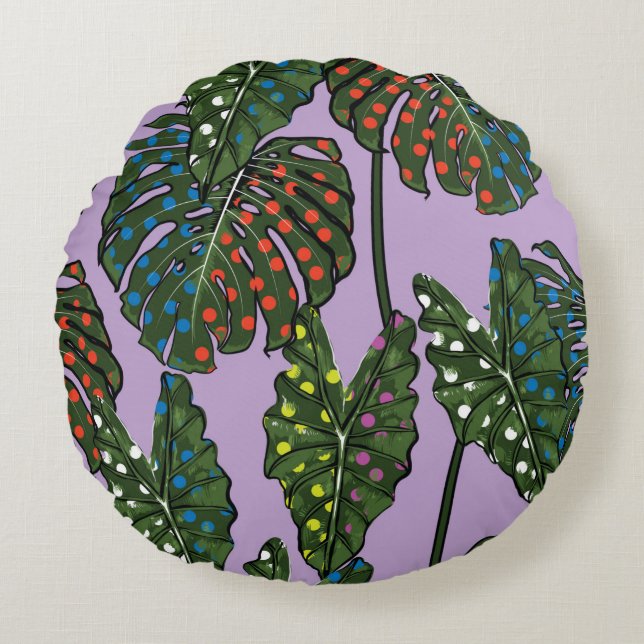 Tropical leaves seamless pattern on colourful pop  round pillow (Front)