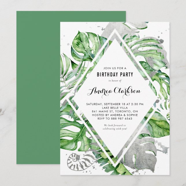 Tropical Leaves Silver Foil Summer Birthday Party Invitation (Front/Back)